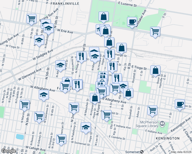 map of restaurants, bars, coffee shops, grocery stores, and more near 3404 North Mascher Street in Philadelphia