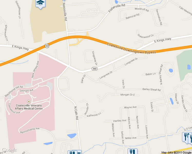 map of restaurants, bars, coffee shops, grocery stores, and more near 2303 Longview Drive in Coatesville