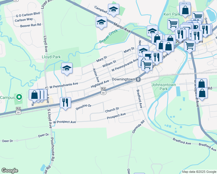 map of restaurants, bars, coffee shops, grocery stores, and more near 317 Highland Avenue in Downingtown