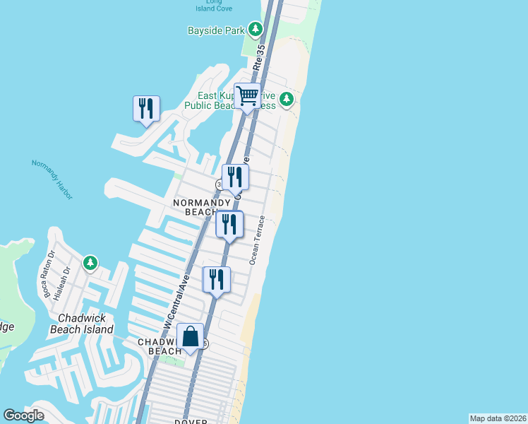 map of restaurants, bars, coffee shops, grocery stores, and more near 103 6th Avenue in Mantoloking