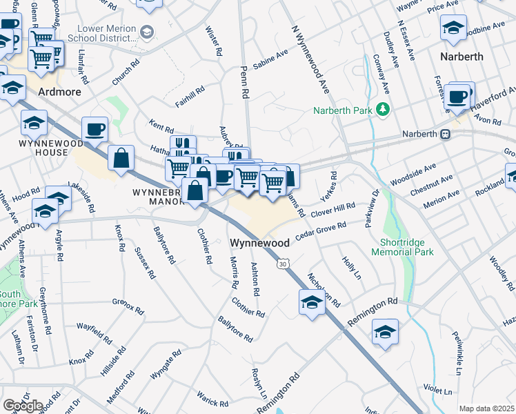 map of restaurants, bars, coffee shops, grocery stores, and more near 50 East Wynnewood Road in Wynnewood