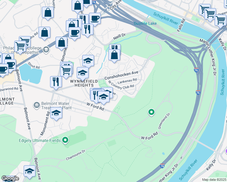 map of restaurants, bars, coffee shops, grocery stores, and more near 3929 Lankenau Avenue in Philadelphia