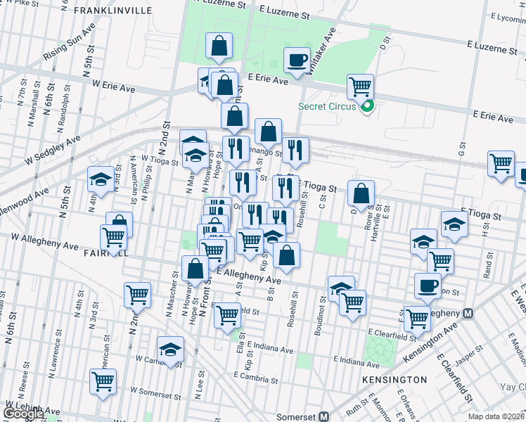 map of restaurants, bars, coffee shops, grocery stores, and more near E Ontario St & Ella St in Philadelphia