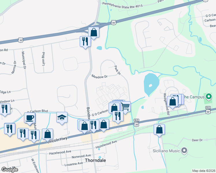 map of restaurants, bars, coffee shops, grocery stores, and more near 207 Meadow Drive in Downingtown