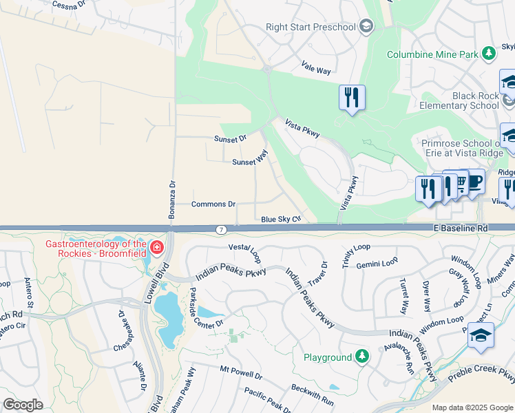 map of restaurants, bars, coffee shops, grocery stores, and more near 1495 Blue Sky Way in Erie