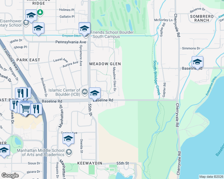 map of restaurants, bars, coffee shops, grocery stores, and more near 805 Meadow Glen Drive in Boulder