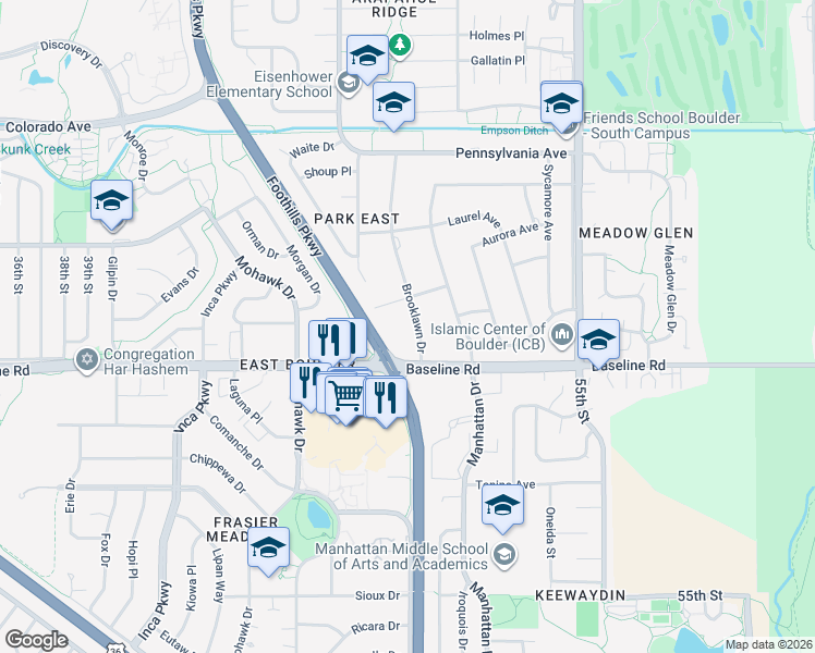 map of restaurants, bars, coffee shops, grocery stores, and more near 707 Brooklawn Drive in Boulder
