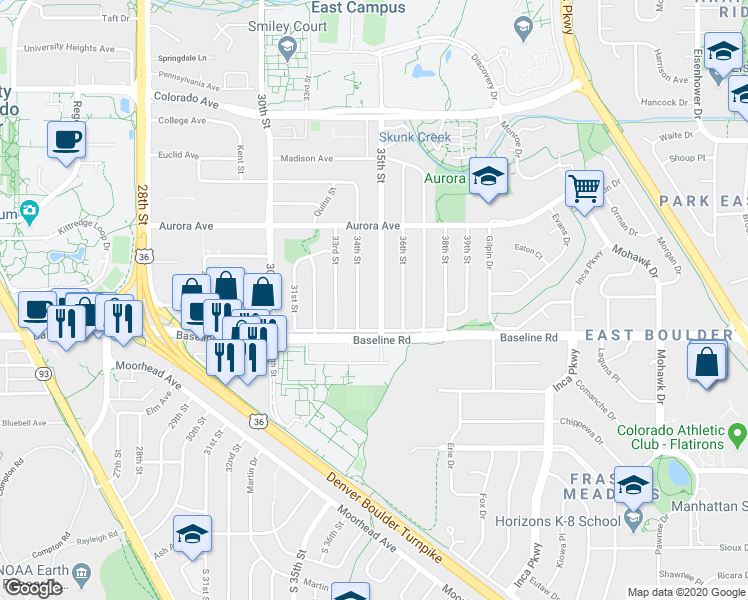 map of restaurants, bars, coffee shops, grocery stores, and more near 780 34th Street in Boulder