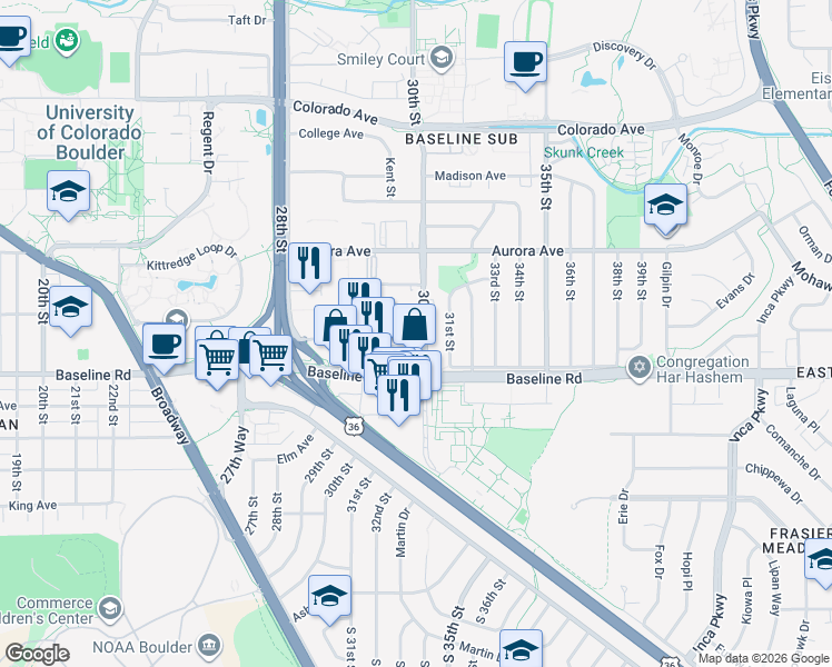 map of restaurants, bars, coffee shops, grocery stores, and more near 775 30th Street in Boulder