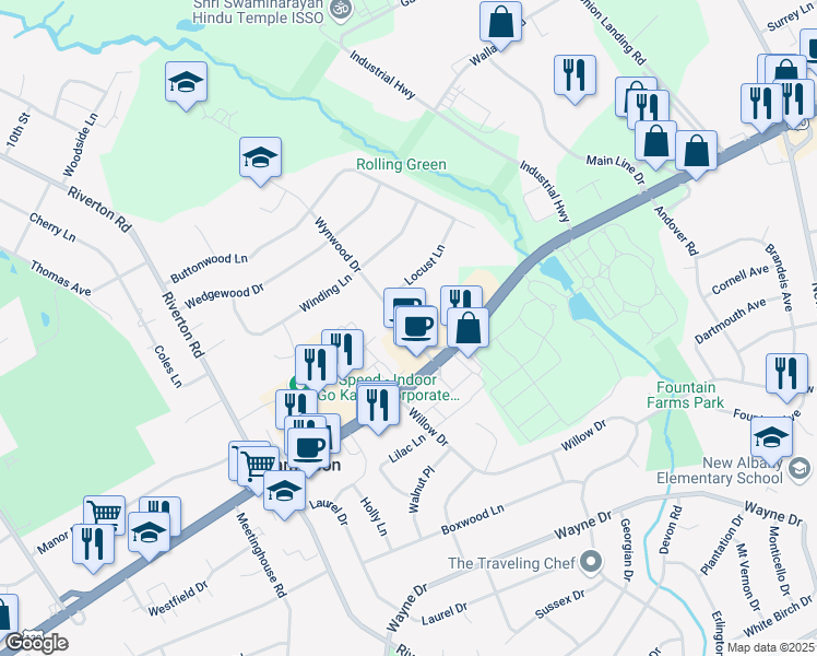 map of restaurants, bars, coffee shops, grocery stores, and more near 1600 Wynwood Drive in Cinnaminson