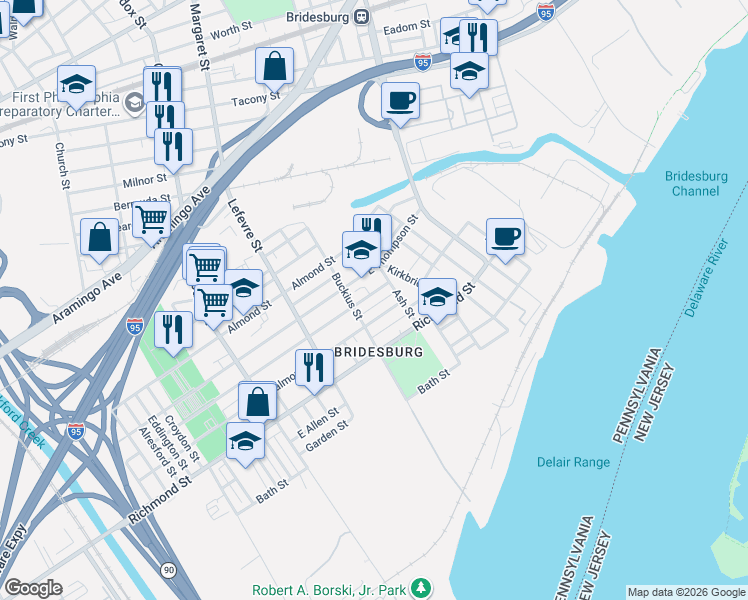 map of restaurants, bars, coffee shops, grocery stores, and more near 2648 Ash Street in Philadelphia