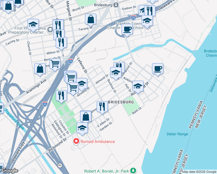 map of restaurants, bars, coffee shops, grocery stores, and more near 4612 East Thompson Street in Philadelphia