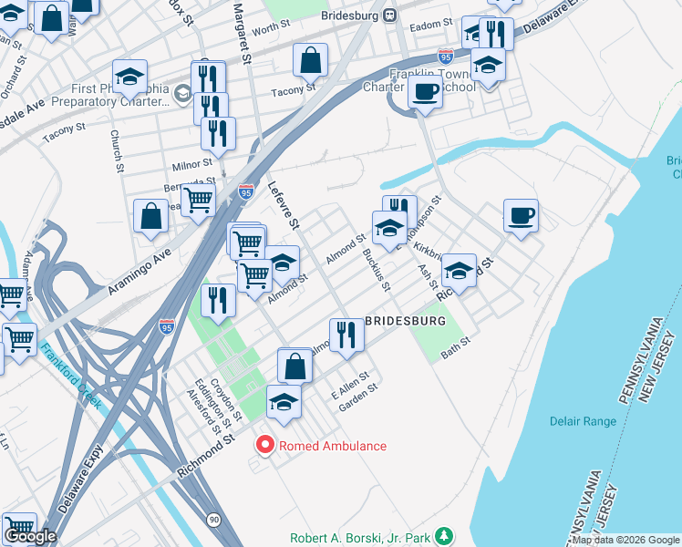 map of restaurants, bars, coffee shops, grocery stores, and more near 4533 Almond Street in Philadelphia