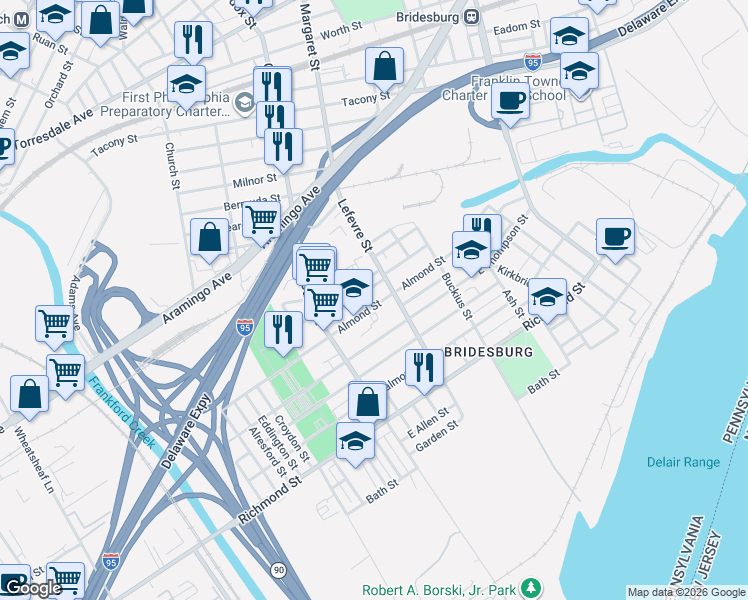 map of restaurants, bars, coffee shops, grocery stores, and more near 4501 Belgrade Street in Philadelphia