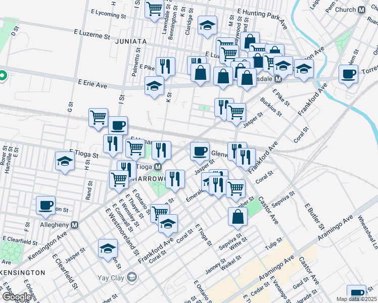 map of restaurants, bars, coffee shops, grocery stores, and more near 3604 Kensington Avenue in Philadelphia