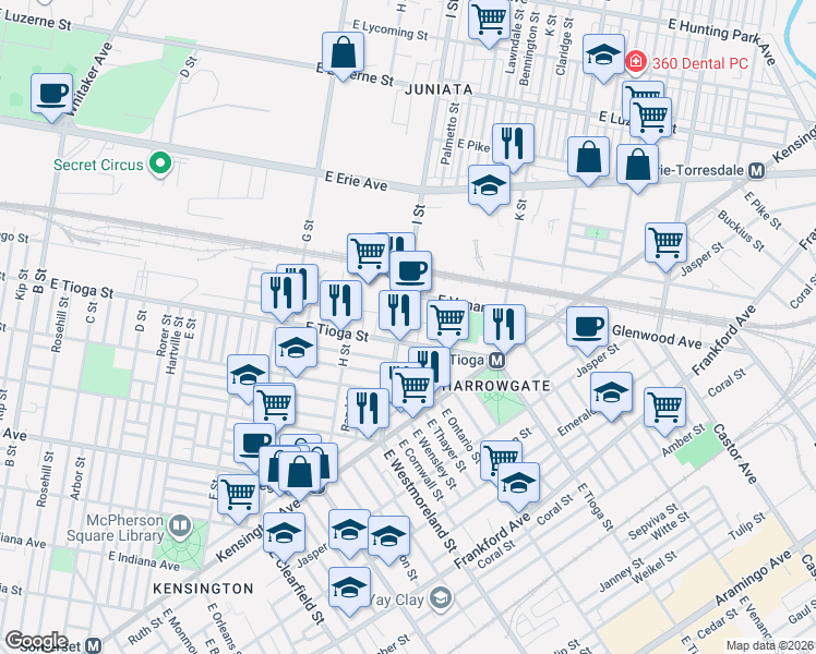 map of restaurants, bars, coffee shops, grocery stores, and more near 3525 I Street in Philadelphia