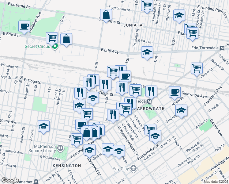 map of restaurants, bars, coffee shops, grocery stores, and more near 3523 Malta Street in Philadelphia