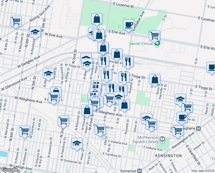 map of restaurants, bars, coffee shops, grocery stores, and more near 3422 North Water Street in Philadelphia
