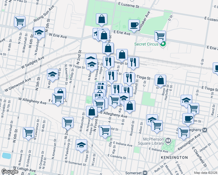 map of restaurants, bars, coffee shops, grocery stores, and more near 3422 North Water Street in Philadelphia