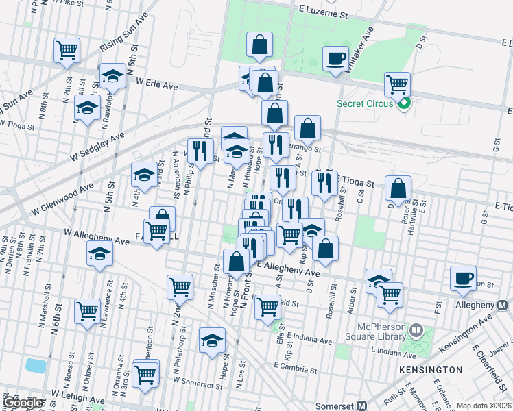 map of restaurants, bars, coffee shops, grocery stores, and more near 3411 Hope Street in Philadelphia
