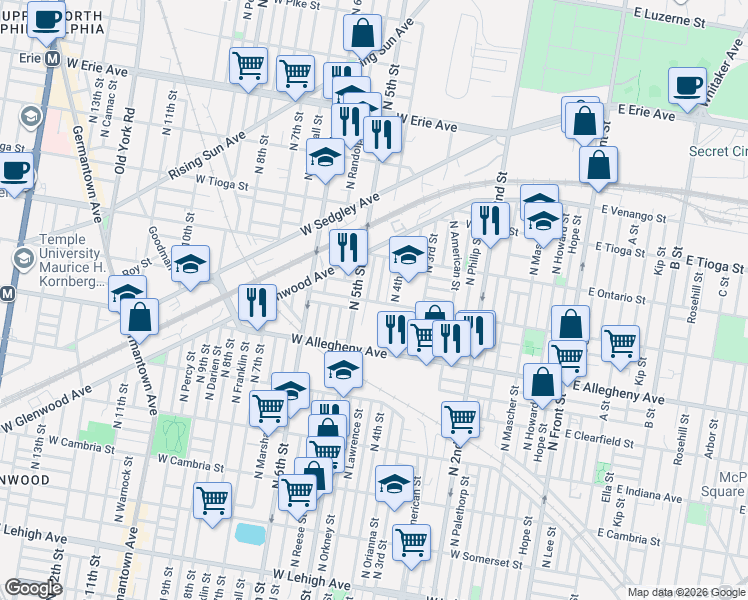 map of restaurants, bars, coffee shops, grocery stores, and more near 3321 North Reese Street in Philadelphia