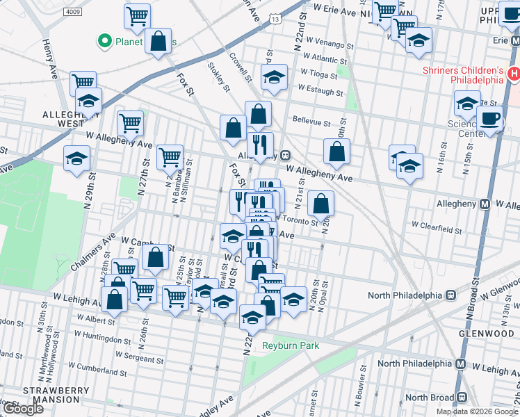 map of restaurants, bars, coffee shops, grocery stores, and more near 3108 North 22nd Street in Philadelphia