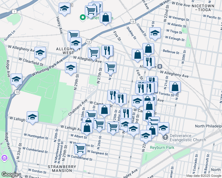 map of restaurants, bars, coffee shops, grocery stores, and more near 3045 North 26th Street in Philadelphia