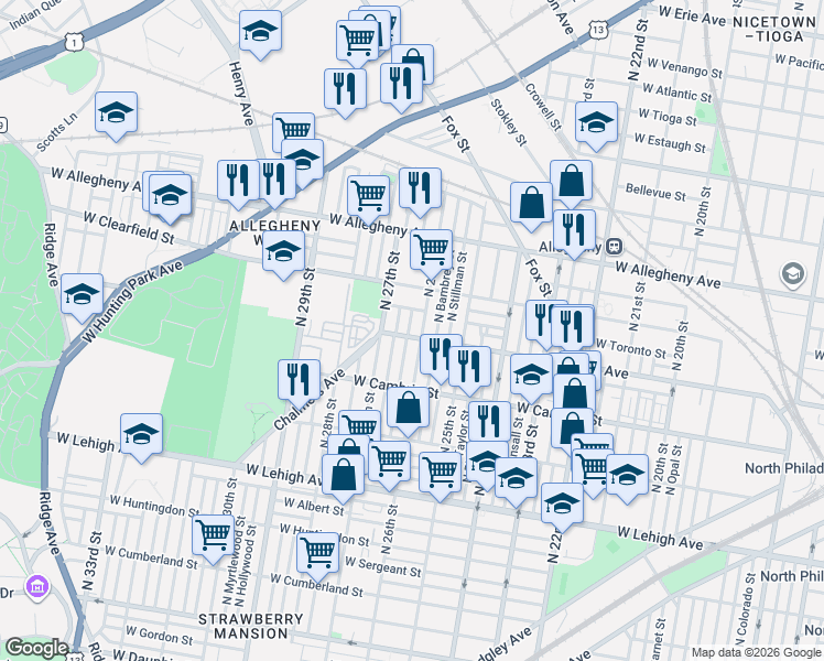 map of restaurants, bars, coffee shops, grocery stores, and more near 3034 North Taney Street in Philadelphia