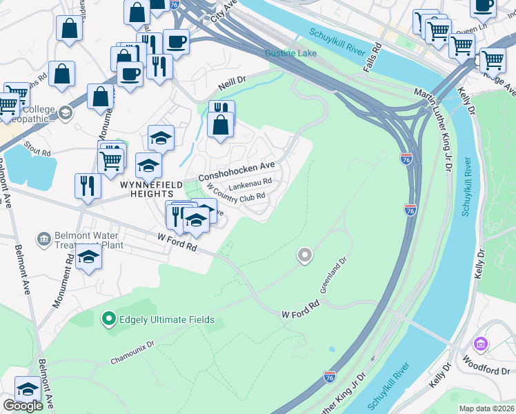 map of restaurants, bars, coffee shops, grocery stores, and more near 3707 West Country Club Road in Philadelphia