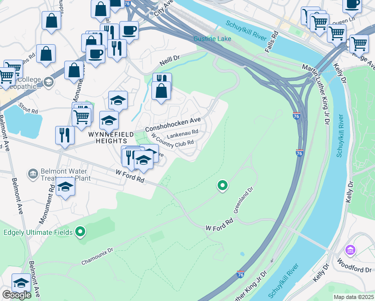 map of restaurants, bars, coffee shops, grocery stores, and more near 3707 West Country Club Road in Philadelphia