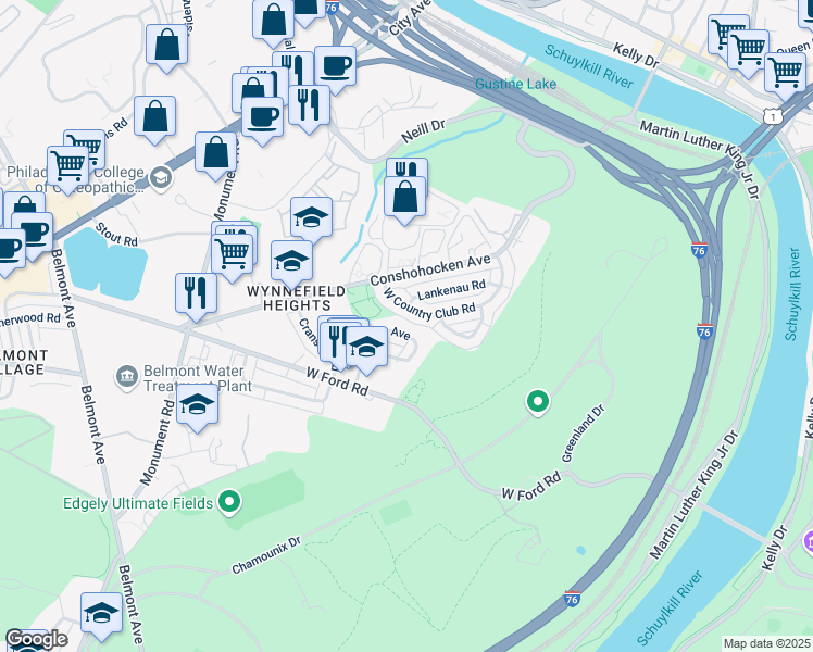 map of restaurants, bars, coffee shops, grocery stores, and more near 2721 West Country Club Road in Philadelphia