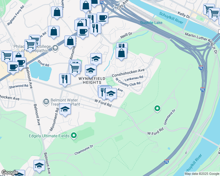 map of restaurants, bars, coffee shops, grocery stores, and more near 3910 Conshohocken Avenue in Philadelphia