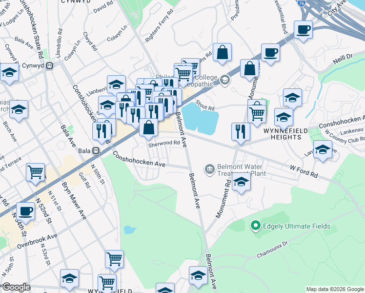 map of restaurants, bars, coffee shops, grocery stores, and more near 4404 Overbrook Avenue in Philadelphia