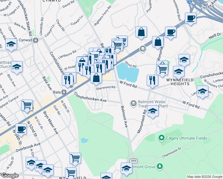 map of restaurants, bars, coffee shops, grocery stores, and more near 4404 Overbrook Avenue in Philadelphia