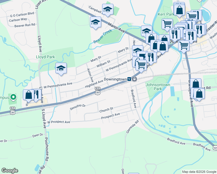 map of restaurants, bars, coffee shops, grocery stores, and more near 274 Highland Avenue in Downingtown
