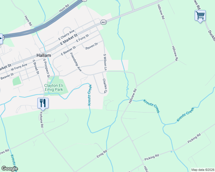 map of restaurants, bars, coffee shops, grocery stores, and more near 130 Charles Circle in Hallam