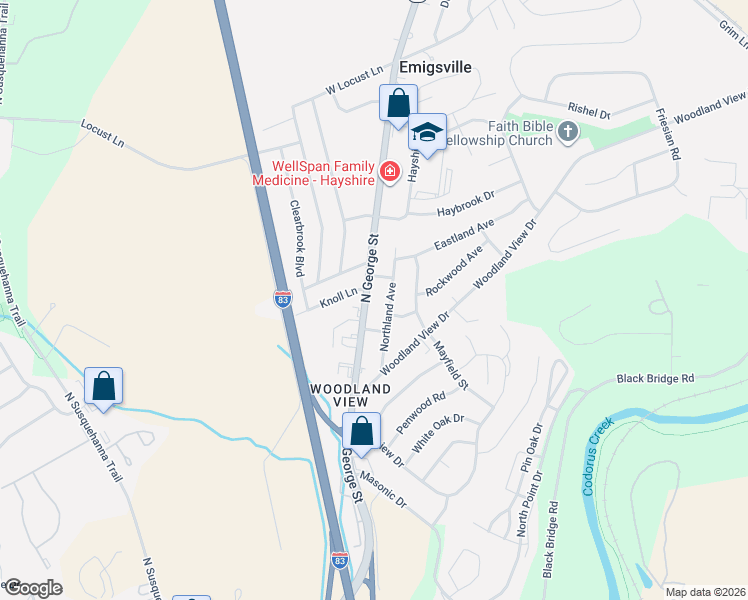 map of restaurants, bars, coffee shops, grocery stores, and more near 2570 North George Street in York