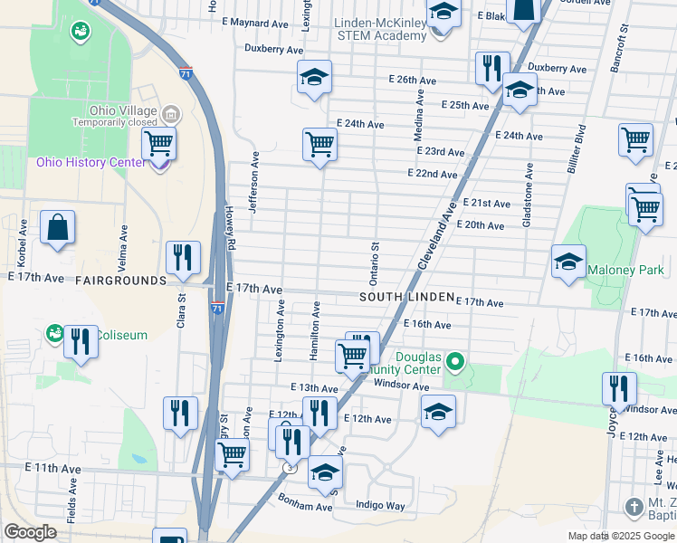 map of restaurants, bars, coffee shops, grocery stores, and more near 1101 East 19th Avenue in Columbus