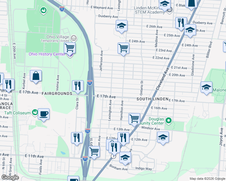 map of restaurants, bars, coffee shops, grocery stores, and more near 978 East 18th Avenue in Columbus