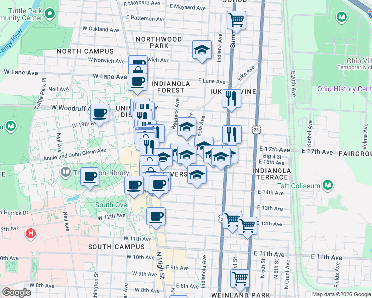 map of restaurants, bars, coffee shops, grocery stores, and more near 1911 Indianola Avenue in Columbus