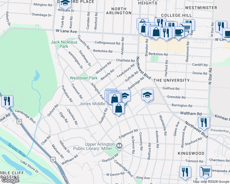map of restaurants, bars, coffee shops, grocery stores, and more near 1938 Suffolk Road in Columbus