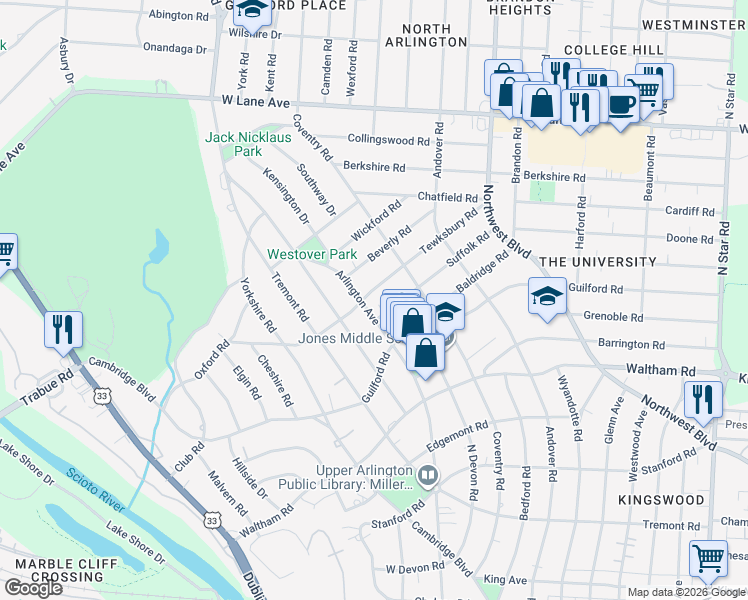 map of restaurants, bars, coffee shops, grocery stores, and more near 1987 Tewksbury Road in Columbus