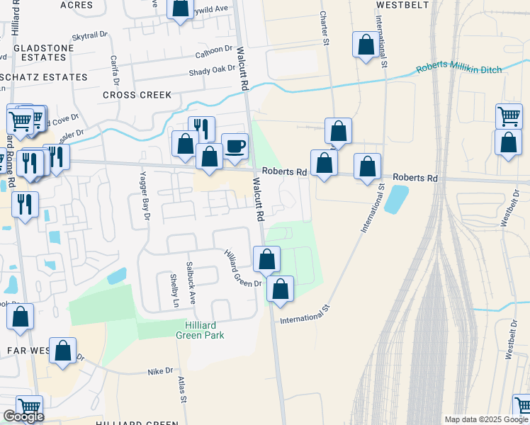 map of restaurants, bars, coffee shops, grocery stores, and more near 4900 Meadow Run Drive in Hilliard