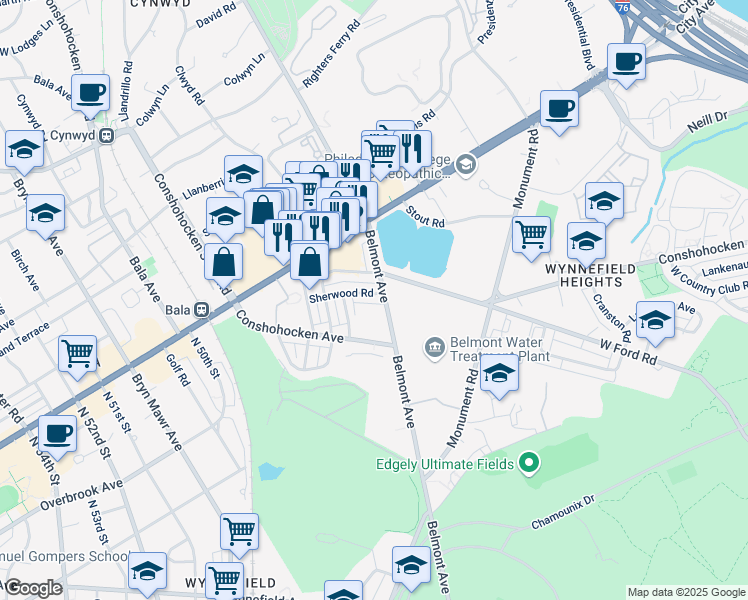 map of restaurants, bars, coffee shops, grocery stores, and more near 4408 Sherwood Road in Philadelphia