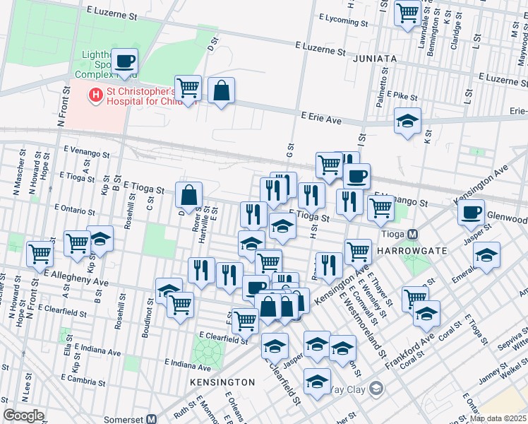 map of restaurants, bars, coffee shops, grocery stores, and more near 726 East Tioga Street in Philadelphia