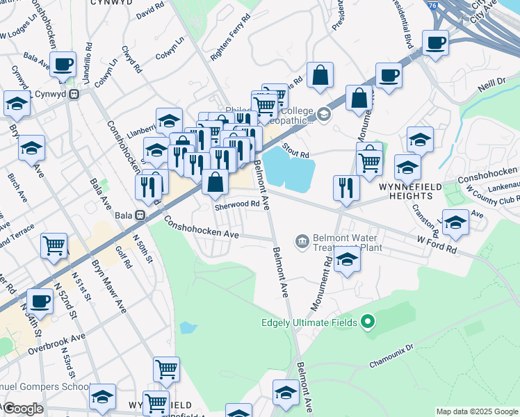 map of restaurants, bars, coffee shops, grocery stores, and more near 4408 Sherwood Road in Philadelphia