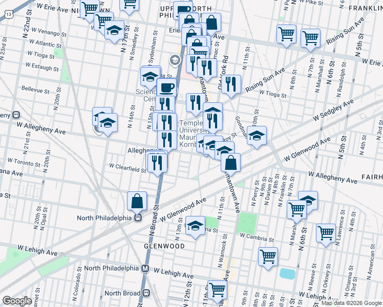 map of restaurants, bars, coffee shops, grocery stores, and more near W Allegheny Ave & N 13th St in Philadelphia