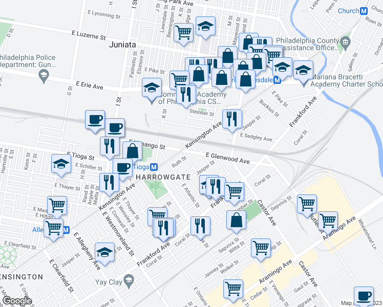 map of restaurants, bars, coffee shops, grocery stores, and more near 1820 East Glenwood Avenue in Philadelphia