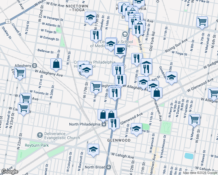 map of restaurants, bars, coffee shops, grocery stores, and more near 3147 North 15th Street in Philadelphia