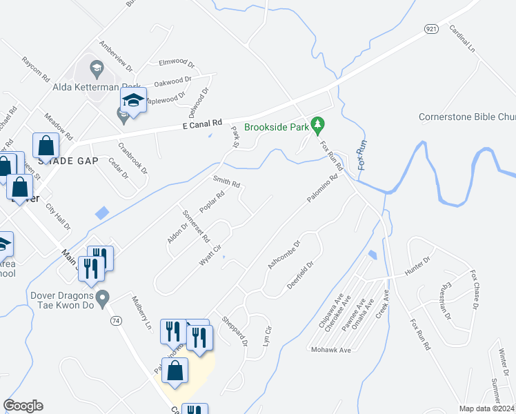 map of restaurants, bars, coffee shops, grocery stores, and more near 1742 Rocky Road in Dover